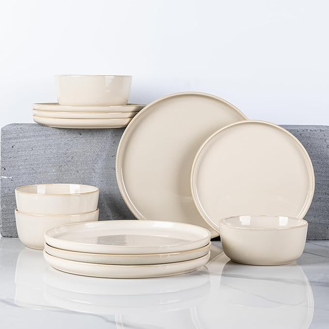 GBHOME Ceramic Dinnerware Sets for 4, 12 Pieces Stoneware Plates and Bowls Sets, Scratch Resistant Dishes, Dishwasher & Microwave Safe, Reactive Glaze-Vanilla color