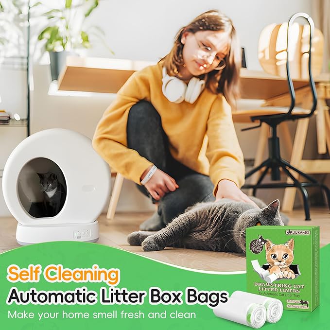 60 Pack Cat Litter Box Liners for Meo Want SC01, MW-SC02, MW-LR01,1.5 Mil Thick Drawstring Heavy Duty Leak-proof Disposable Smart Self-Cleaning Litter Box Robot Waste Drawer Trash Bags 18" x 12.6"