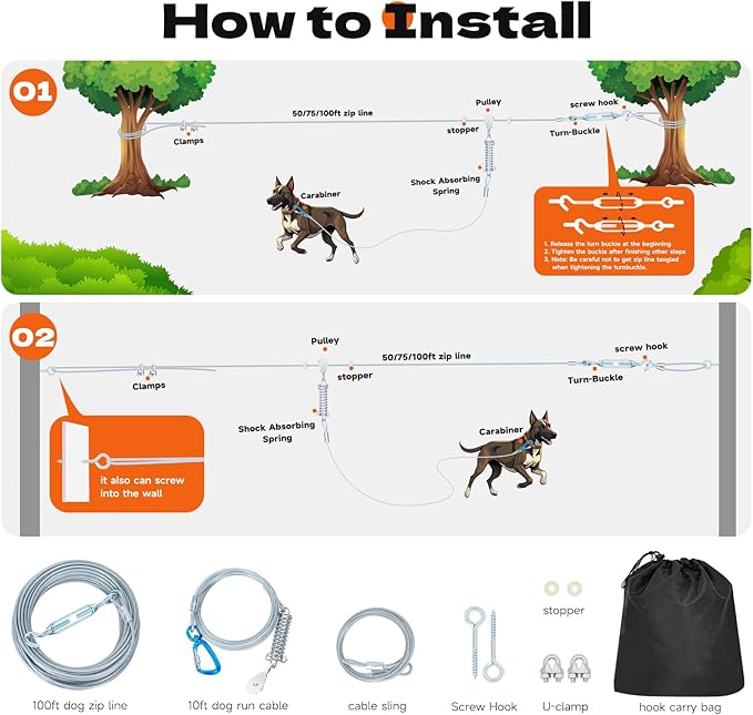 50ft Dog Runner for Yard Large Dog Heavy Duty with Double Shock Absorbers Tangle-Free Aerial Trolley System for Large Dogs Up to 250lbs (Silver)