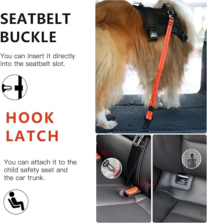 AUBELL Dog Seat Belt for Car,2 Pack Set 3-in-1 Adjustable Reflective Bungee Heavy Duty Dog Car Harness Tether with Clip Hook Latch & Buckle,Swivel Zinc Alloy Carabiner,Black+Orange