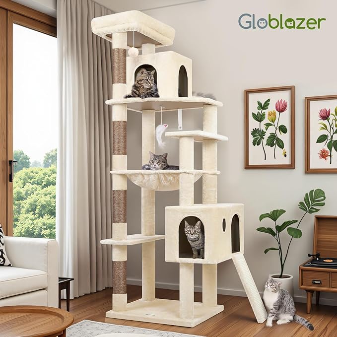 Globlazer Heavy Duty Cat Tree Tower, 70inch Sturdy Cat Tree for Indoor Cats Sturdy Large Cat Tower with Scratching Post and Scratching Board, Hammock, Cat Condo for Adult Cats Kittens, F70 Pro, Beige