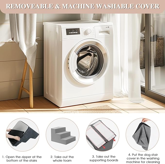 GGIB Dog Stairs for Small Dogs Cats Non-Slip Dog Steps for High Bed Pet Stairs for Sofa Couch Pet Ramp Pet Steps with Removable Washable Cover, Grey, 22" H, 5-Step