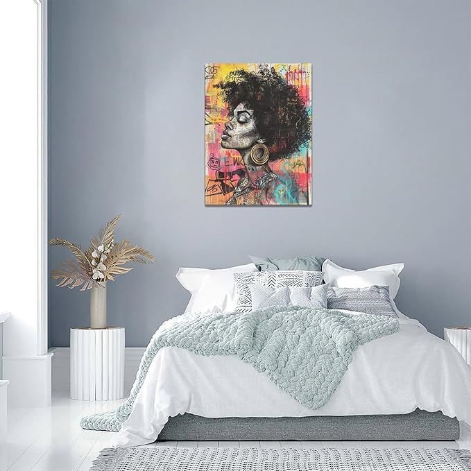 Quorin African American Wall Art Banksy Graffiti Black Woman Pictures Black Girl Wall Decor Canvas Print Painting Artwork for Bathroom Living Room Bedroom 12"x16"