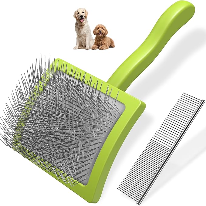2PCS Slicker Brush for Dogs & Pet Comb,Professional Dog Grooming Brush (Goldendoodles,Poodles,Labradoodles) with Extra Long Pins to Effectively Remove Tangles, Knots and Mats (Green)