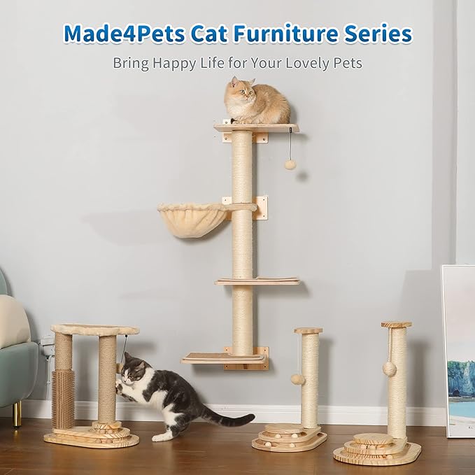 Made4Pets Cat Scratching Post, Cat Self Groomer for Indoor Cats, Cloud Soft Perch for Rest, 17.5" Tall Natural Sisal Scratcher Cat Grooming Interactive Ball Track Toys for Small Cats Kittens