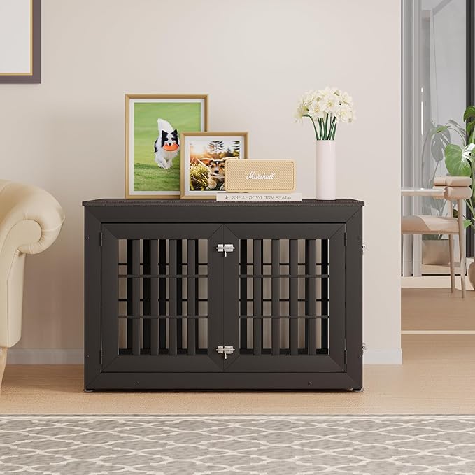 42" Heavy Duty Dog Crate Furniture for Small,Medium and Large Dogs,Rustic Wooden Dog Cage Kennel Indoor Furniture with Waterproof Top,Decorative Pet House Side End Table (Black & Grey)