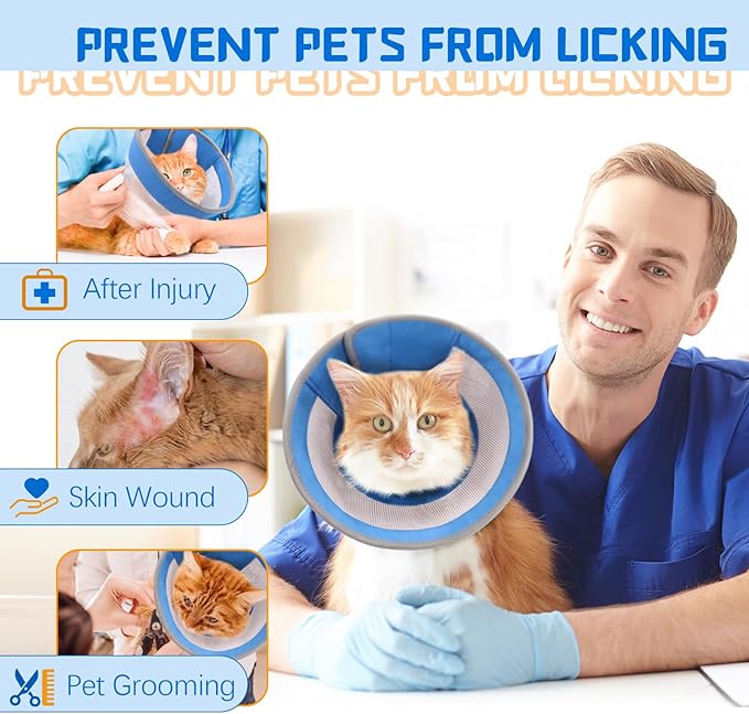 Breathable Air Mesh Cat Cone Collar Soft to Stop Licking, Adjustable, Foldable Lightweight Kitten Cones After Surgery Recovery for Cats & Kittens (Blue, S)