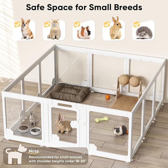 Acrylic Clear Dog Play Pen Indoors, Puppy Playpen with Door for Small Dogs Puppies, Transparent Plastic Pet Playpen Cage Fence Crate Kennel for Cat Kitten Rabbit Bunny Ferret etc (White-12 Panels)