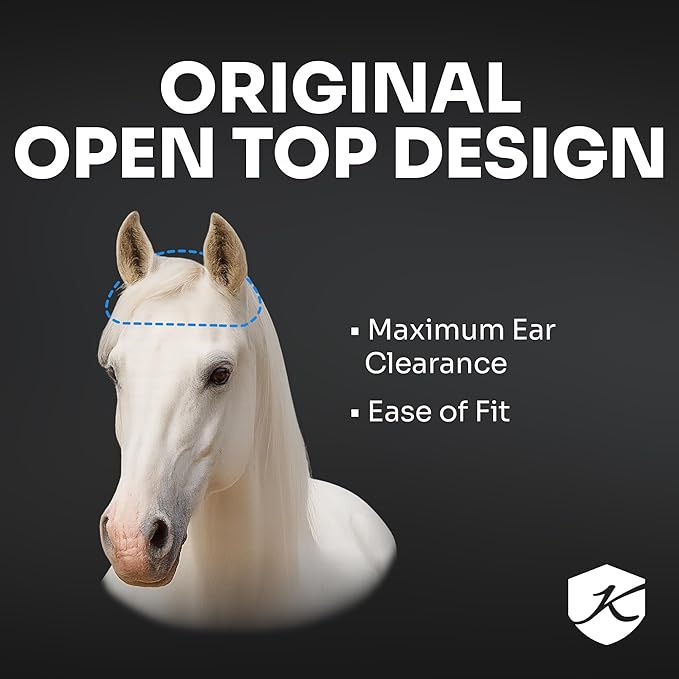 Kensington Fly Mask Web Trim — Protects Horses Face and Eyes From sun While Allowing Full Visibility — Ears and Forelock Able to Come Through the Mask, Medium, Deluxe Black
