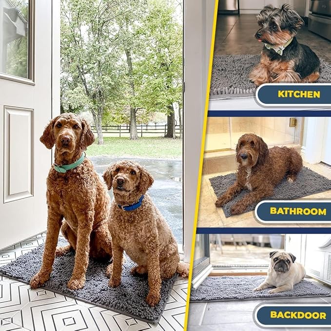 Muddy Mat® Pack of 3 Highly Absorbent Microfiber Dog Door Mat and Pet Rug, Non Slip Thick Washable Area Mat Soft Chenille for Kitchen Bathroom Bedroom and Outdoor - Grey Small, Medium & Large