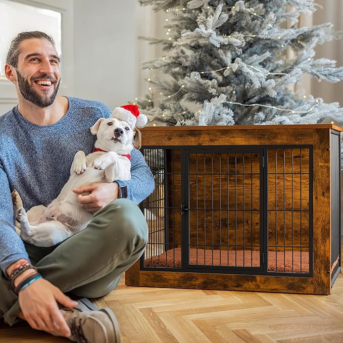 Bigrab Dog Crate Furniture with Thick Cushion, Side End Table Wooden Dog Cage with Double Doors, Chew-Resistant Dog Kennel Dog House Indoor for Small to Large Dog, L