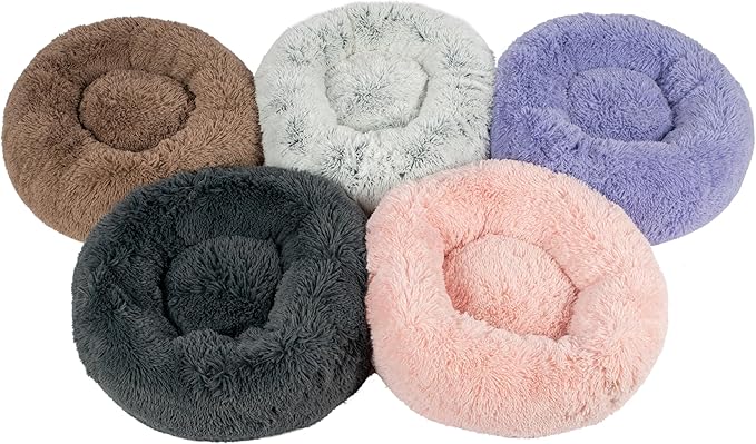 Best Pet Supplies Round Donut Dog Bed with Plush Faux Fur Fabric, Calming, Anti-Anxiety Cushion for Indoor Pets, Slip-Resistant Base, Soft Ergonomic Support - Lavender, 24x24x7''