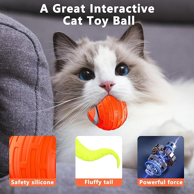 Cat Toys,Interactive Cat Toys Ball for Bored Indoor Cat,Automatic Rolling,Drop Resistant and Obstacle Avoidance,2 Modes Adjustment,Fluffy Tail and USB Type-C Rechargeable(Orange)