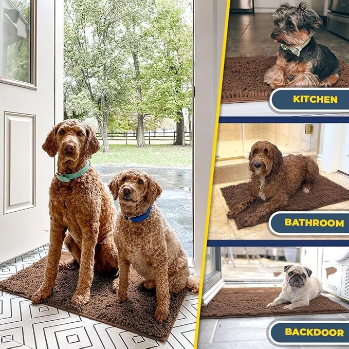 Muddy Mat® Pack of 3 Highly Absorbent Microfiber Dog Door Mat and Pet Rug, Non Slip Thick Washable Area Mat Soft Chenille for Kitchen Bathroom Bedroom and Outdoor - Brown Small, Medium & Large