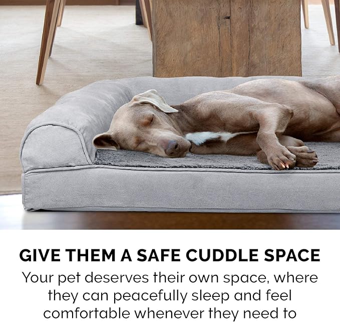 Furhaven Cooling Gel Dog Bed for Large/Medium Dogs w/ Removable Bolsters & Washable Cover, For Dogs Up to 55 lbs - Plush & Suede Sofa - Gray, Large