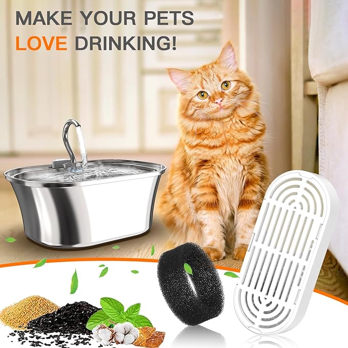 Cat Water Fountain Filters for 108/3.2L& 4L/134oz Stainless Steel Pet Water Dispenser Fountain Filters (6 Filters& 6Sponges) (6 Filters& 6 Sponges)