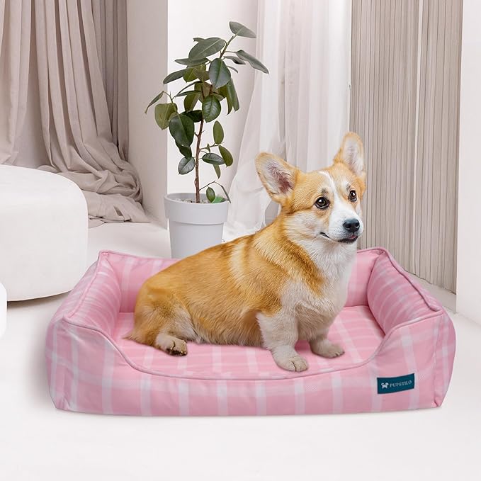 Orthopedic Bolster Dog Bed – CertiPUR-US Foam, Recycled Polyester Canvas, Washable Cover, Anti-Slip Bottom, Medium, Pink Check – Stylish Designer Dog Sofa