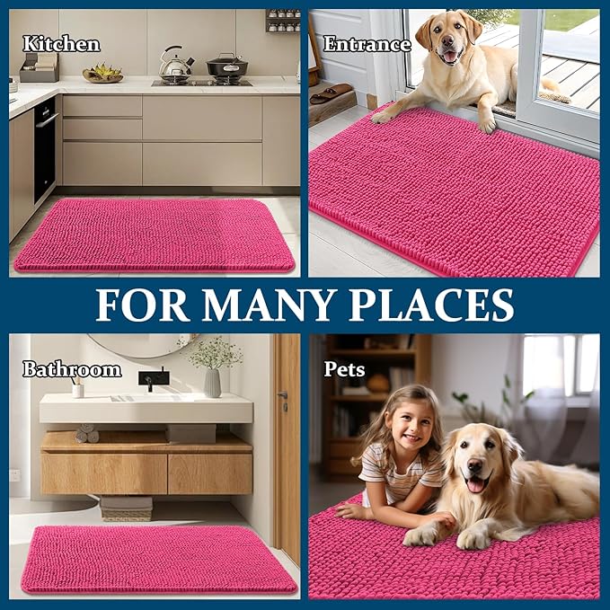 OLANLY Dog Door Mat for Muddy Paws 70x35, Absorbs Moisture and Dirt, Absorbent Non-Slip Washable Doormat, Quick Dry Chenille Mud Mat for Dogs, Entry Indoor Entryway Carpet for Inside Floor, Hot Pink