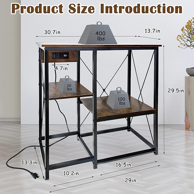 20-37 Gallon Fish Tank Stand with Power Outlet, 30.7"x13.8" Metal Frame Fish Stand, 3-Tier Wood Aquarium Stand, 400LBS Capacity Reptile Terrarium Stand