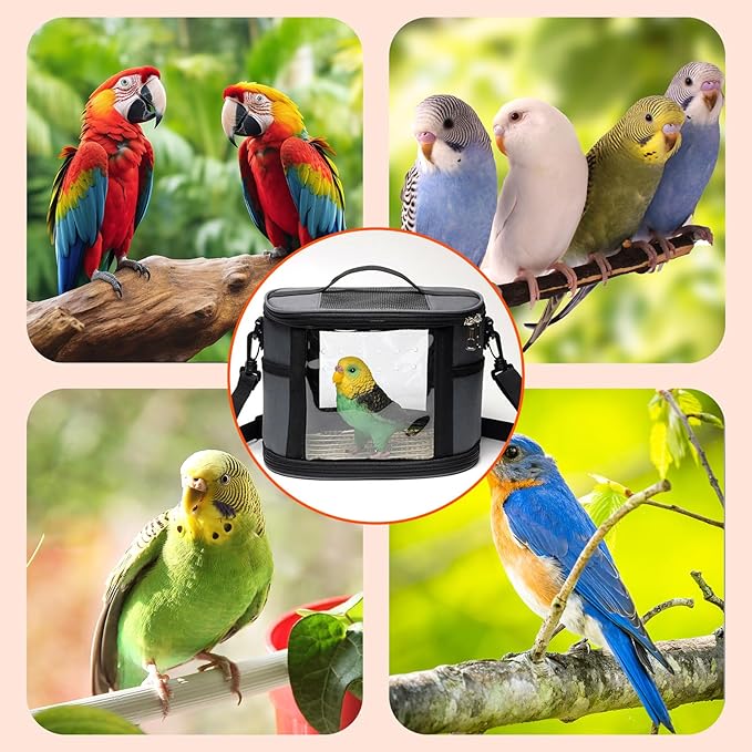 Bird Travel Carrierm, Small Bird Travel Backpack Carrier Cage with Tray and Breathable Clear Window, for Parakeet Cockatiel Budgies, for Camping Hiking (Small-White)