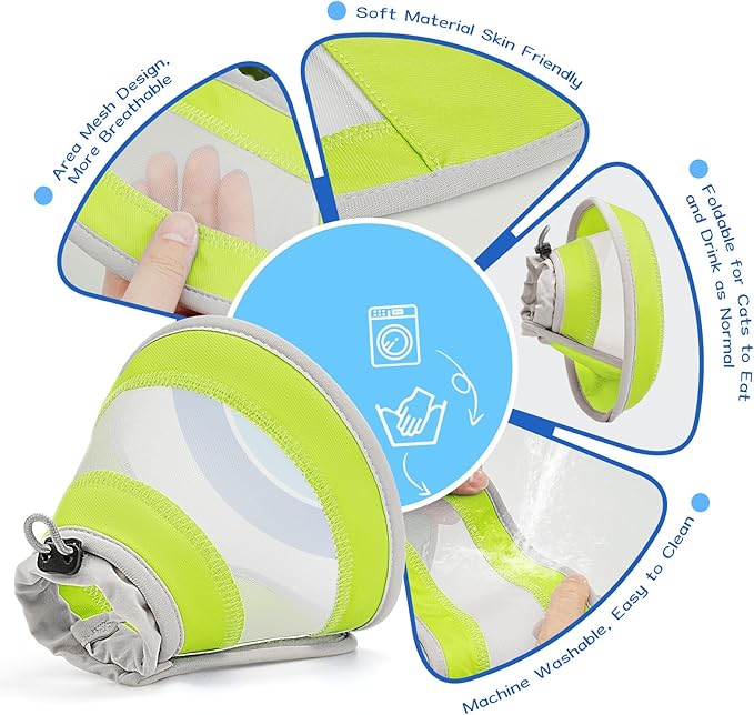 Breathable Air Mesh Cat Cone Collar Soft to Stop Licking, Adjustable, Foldable Lightweight Kitten Cones After Surgery Recovery for Cats & Kittens (Yellow Green, S)