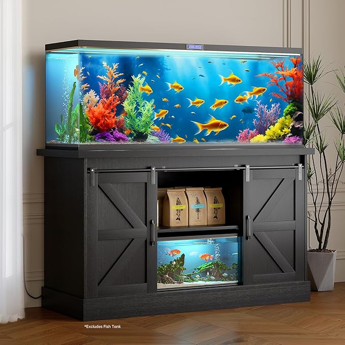 55-75 Gallon Fish Tank Stand with Sliding Barn Doors & Power Outlet, Heavy Duty Aquarium Stand with Cabinet Storage for Fish Tank, Turtle Tank, Reptile Terrarium, 1000LBS Capacity, Black