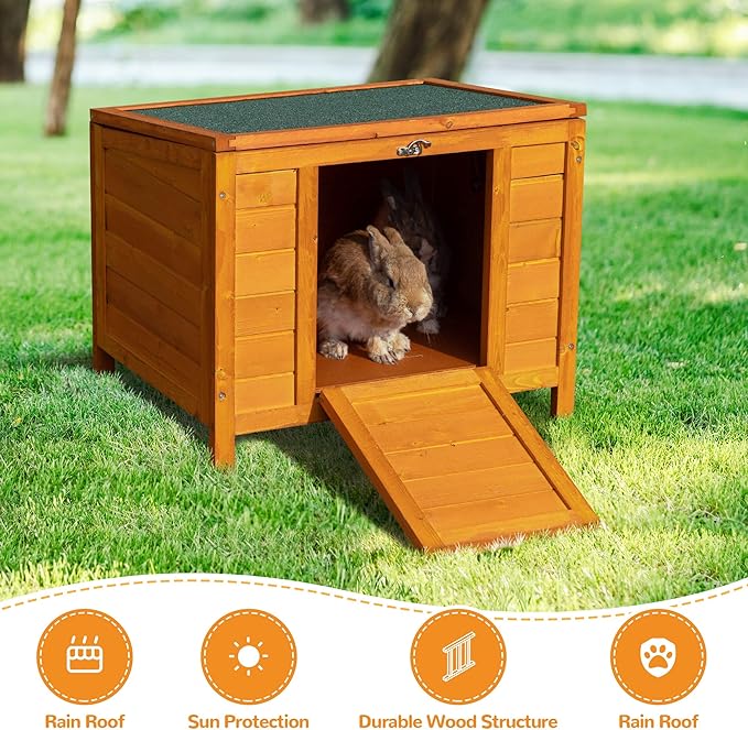COZIWOW 24inches Wooden Catio Outdoor Cat House Small Animal House,Rabbit Hutch Indoor,Stable Weatherproof Bunny Cage Pet Shelter for Small Cat Dog Rabbit Guinea Pig(Orange)