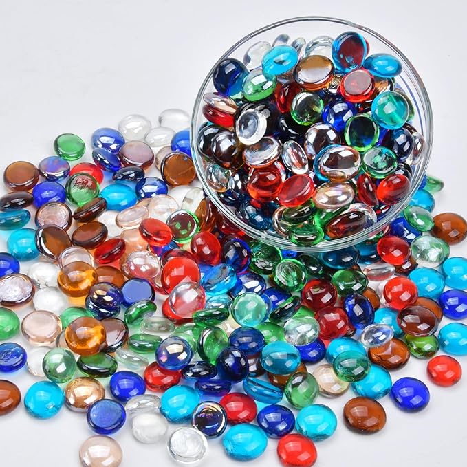 2LB Mixed Color Flat Glass Marbles for Vases, Mancala Stones Gemstone Beads Vase Filler Decorative Glass Pebbles for Fish Tank, DIY Crafts, Mosaics, Aquarium Decor Rocks, Candle Holders