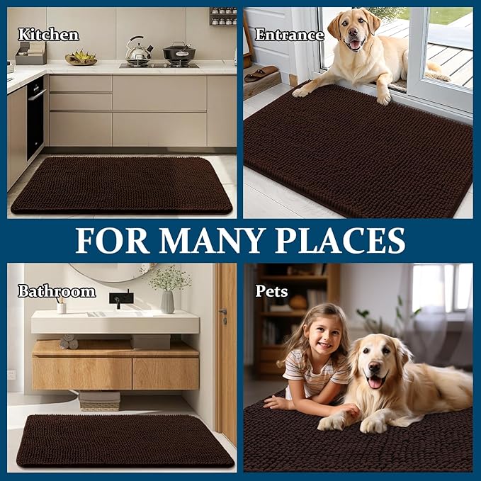 OLANLY Dog Door Mat for Muddy Paws 44x32, Absorbs Moisture and Dirt, Absorbent Non-Slip Washable Doormat, Quick Dry Chenille Mud Mat for Dogs, Entry Indoor Entryway Carpet for Inside Floor, Brown