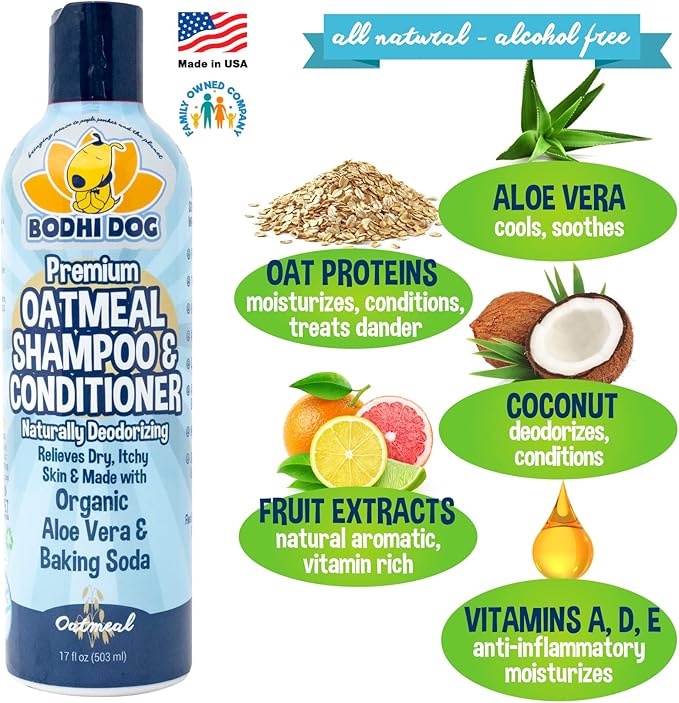 Bodhi Dog Grooming Bundle - Oatmeal Shampoo & Conditioner with Bath Brush - Pet Shower Supplies for Dogs and Cats - Gentle Care for Long, Short & Curly Hair, Safe and Effective, Made in USA