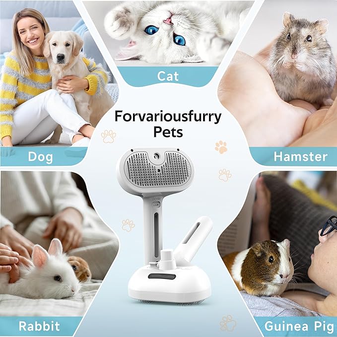 Pet Grooming Brush with Electronic Mist Spray - Gentle Deshedding Tool for Cats & Dogs, Pet Steam Brush,Reduces Shedding, Soft Bristles, Promotes Healthy Coat-Comes with a hair smoothing comb-White
