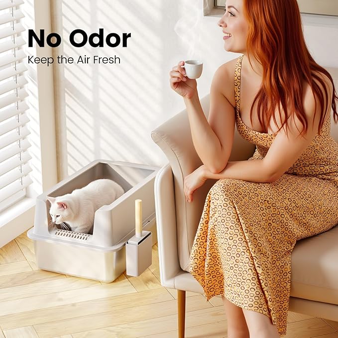 2 Pack Stainless Steel Cat Litter Box - Enclosed XL Metal Kitty Litter Box with Lid for Big Cats, High Sided, Anti-Leakage, Easy Cleaning, Non-Sticky, Included Cat Litter Spoon