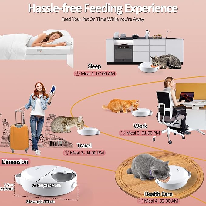 Automatic Cat Feeder Wet Food, Battery Operated Auto Wet/Dry Food Feeder with 2 Ice Packs, Cordless Programmable Timer Pet Auto Dispenser for Cat and Small & Medium Dog (4-Meals & Battery Included)