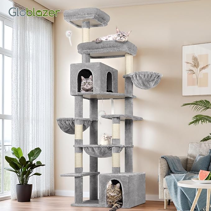 Globlazer Tall Cat Tower, 76 inch Multiple Level Cat Climbers for Indoor Cats, XL Cat Tree with 5 Scratching Posts, 2 Cat Condos, Hammock, 2 Hanging Baskets, F76B, Light Grey