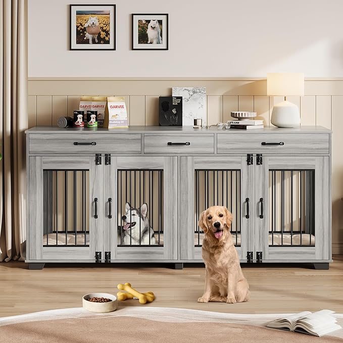 71 Inch Dog Crate Furniture for 2 Rooms, Wooden Double Crate Large Breed with Door, Dog Kennel Indoor, TV Stand End Table with Divider for Large Medium Dogs,Grey