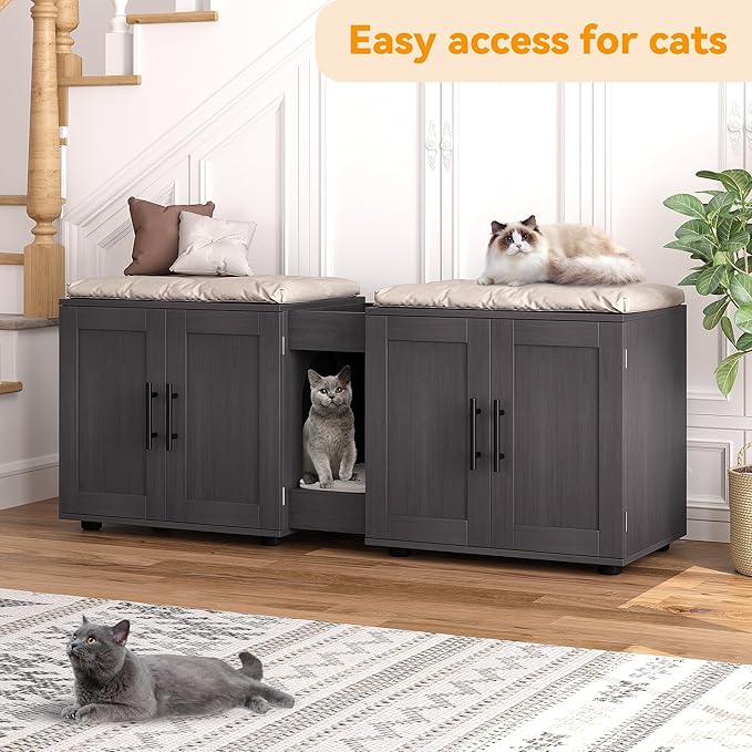Gaomon Litter Box Enclosure with Double Room,Cat Hidden Litter Box Enclosure Furniture for 2 Cats with Double Room, 55โL x 17.7โW x 22.5โH Cat House,Wooden Enclosed Cat Litter Box Furniture,Walnut