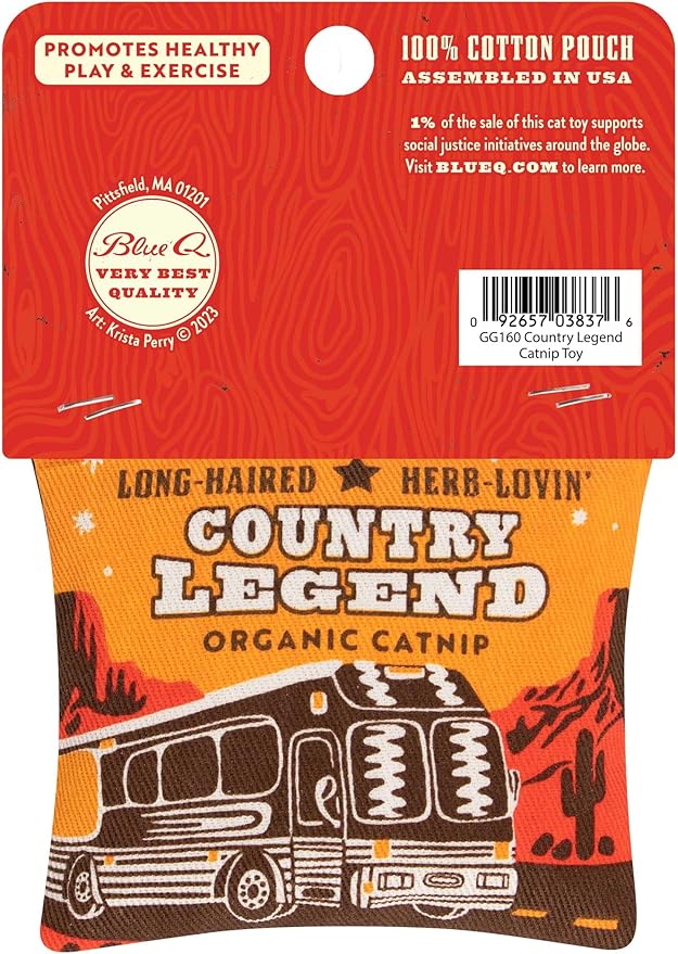 Blue Q Long-Haired, Herb-Lovin' Country Legend Catnip Cat Toy. Premium Organic Catnip Grown in The USA, 100% Cotton Pouches, Kitty Graphics Sure to Delight Every Cat-Keeper.