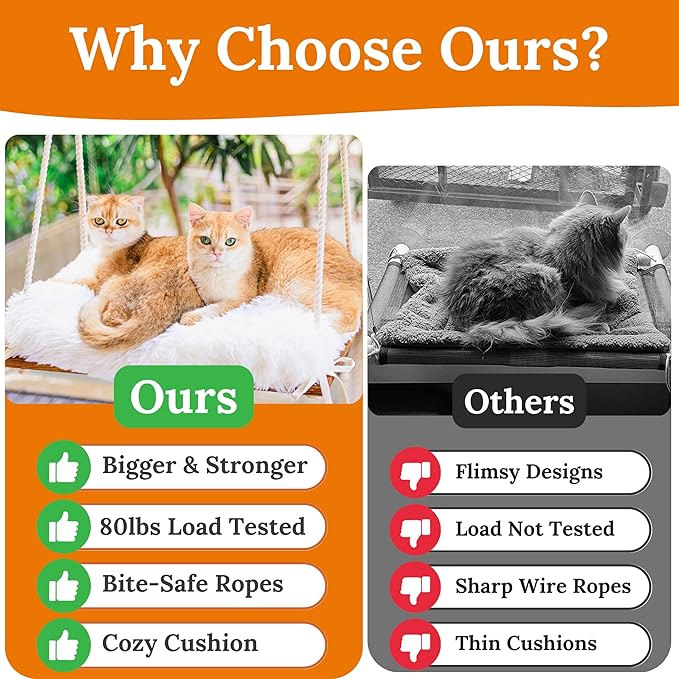 Cat Window Perch for Large Cats - Hammock Bed for Heavy Indoor Cats - Solid Wood Seat, 5 Strong Suction Cups, Soft Cushion - Rustic Shelf for Pets Inside