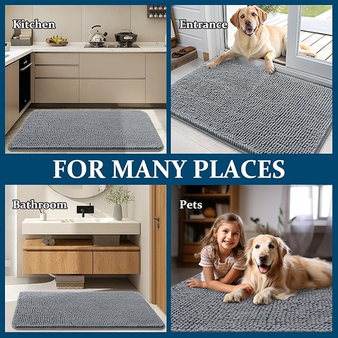 OLANLY Dog Door Mat for Muddy Paws 24x16, Absorbs Moisture and Dirt, Absorbent Non-Slip Washable Doormat, Quick Dry Chenille Mud Mat for Dogs, Entry Indoor Entryway Carpet for Inside Floor, Grey