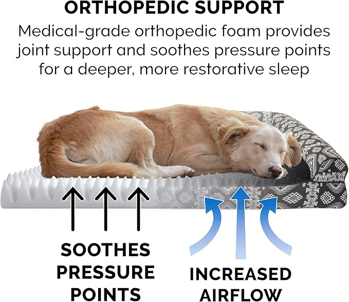 Furhaven Orthopedic Dog Bed for Large Dogs w/ Removable Bolsters & Washable Cover, For Dogs Up to 95 lbs - Plush & Southwest Kilim Woven Decor Sofa - Black Medallion, Jumbo/XL