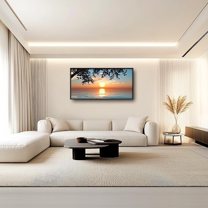 Framed Large Lake Sunset Wall Art, Oversized Natural Landscape Wall Decor for Living Room, Tree Leaves Canvas Painting Pictures Home Decoration for Living Room Bedroom Office 60"x30"