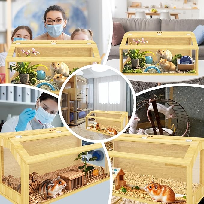 32" Wooden Hamster Cage, Chewproof Gerbil Cages and Habitats, Openable Top Roof Window with Silencing Pad, Guinea Pig Cage for Small Animals, Dwarf and Syrian Hamster, 32 x 16 x 16 Inches