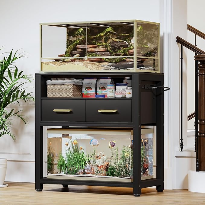 20-29 Gallon Aquarium Stand with Power Outlet & 2 Storage Drawers, Heavy Duty Metal Frame Fish Tank Stand with Waterproof Mat, 30.7" L*15.7" W Tabletop, 550LBS Capacity, Black