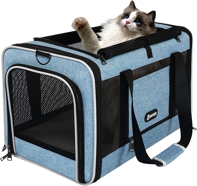 Cat Carrier 18 x 11 x 11 Top Loading Soft-Sided Pet Travel Bag Over 15lbs, Portable Small Dog Puppy Car Crate 10 lbs, Chihuahua Kennel Carry Case, Kitty Cloth Cage Medium Cat Under 25 Blue