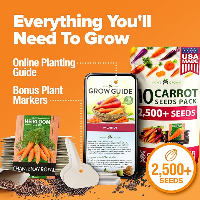 HOME GROWN ๐จ๐ฆ๐ ๐ฃ๐ฅ๐๐ ๐๐จ๐ Rainbow Carrot Seeds โ 2500+ Heirloom Seeds (10 Varieties) โ High Germination, ๐ก๐ข๐ก-๐๐ ๐ข Vegetable Seeds for Planting Indoors or Outdoor Home Garden