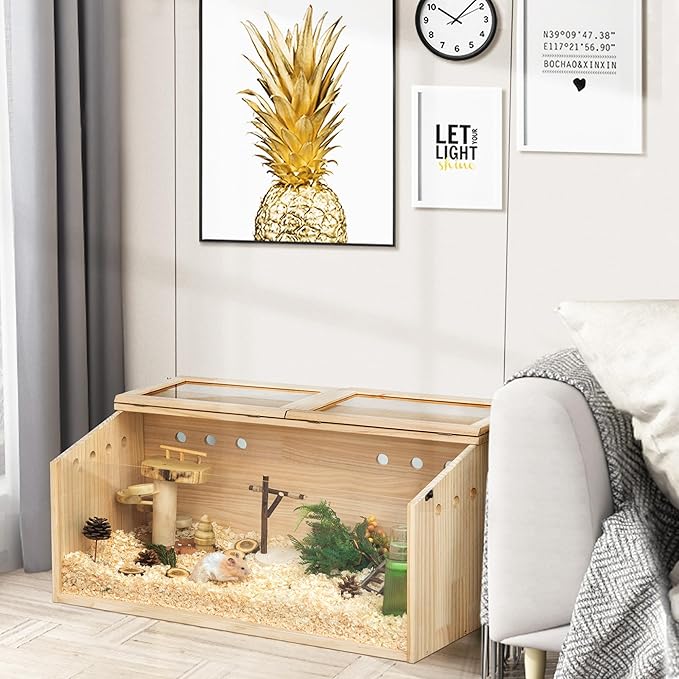 COZIWOW Wooden Hamster Cage, Large Hamster Habitats Enclosure with Acrylic Window & Openable Top, (32" L x 16" W x 16" H) Small Animal Cage for Guinea Pig, Chinchilla, Gerbil