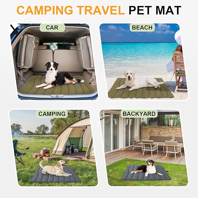 BEAUTYZOO Outdoor Dog Bed Waterproof, Camping Dog Bed Reversible, Portable Travel Bed with Carry Bag- Machine Washable, Durable, Foldable Outdoor Pet Bed Mat for Medium Large Dogs, 35” x 51“ Green