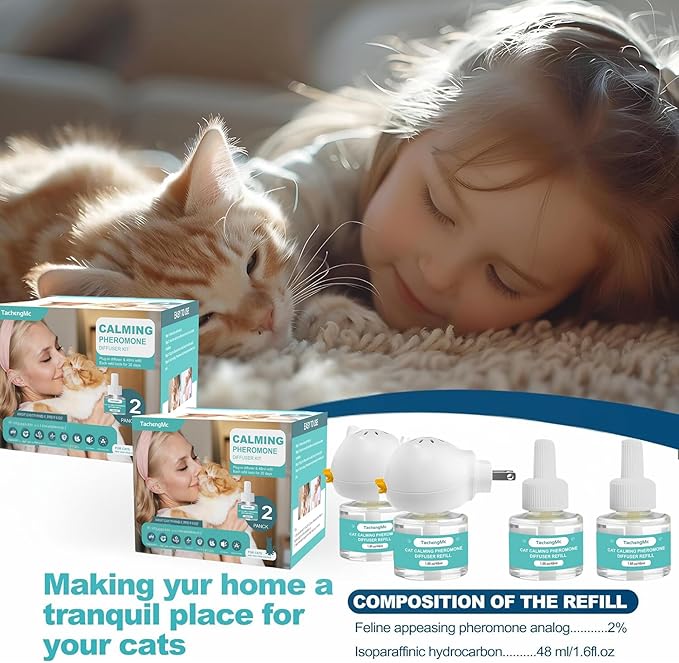 Cat Calming Diffuser, Cat Pheromones Calming Diffuser, Effectively Relieve Anxiety Stress Cat Diffuser Calming Multicat with 2 Diffuser + 4 Refill 48ml Last 120 Days Fits All Cats