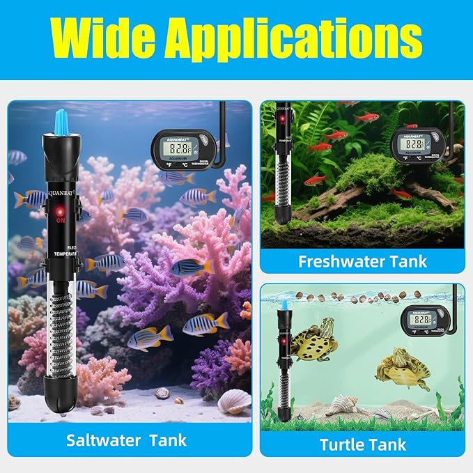AQUANEAT Aquarium Heater, 50W Fish Tank Heater, Adjustable Submersible Water Thermostat with Digital Thermometer