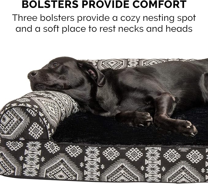 Furhaven Orthopedic Dog Bed for Large Dogs w/ Removable Bolsters & Washable Cover, For Dogs Up to 95 lbs - Plush & Southwest Kilim Woven Decor Sofa - Black Medallion, Jumbo/XL